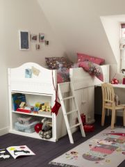 lit combiné surelevé pour fille lit rangement étagère bureau retractable et echelle blanc ou mauve