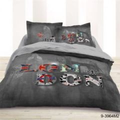 house de couette grise fantaise avec 2 taies d'oreiller texte london imprimé deco london londres angleterre