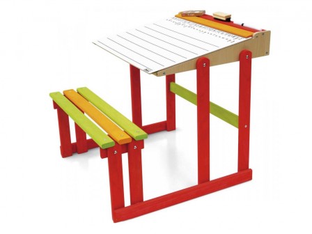 bureau pupitre d'écolier en bois résersible 1 face pour écrire et 1 face tableau noir pour craie pupitre pas cher pour jeune enfant avec banc intégré.jpg