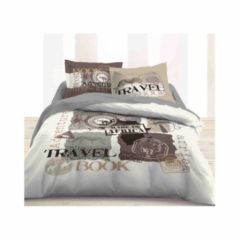 housse de couette invitation au voyage lit 1 place, lit 2 places parure housse et taies housse ton blanc, noir et marron avec  texte voyage pas chere.jpg
