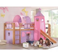 lit chateau lit princesse surelevé avec habillage tissu pour jouer avec toboggan à partir de 6 ans