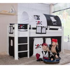 lit surelevé cabane enfant avec habillage tissu noir et blanc lit pirate enfant pour jouer