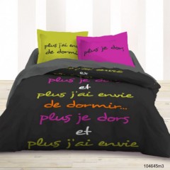 housse couette 220 x 240 couleurs vitaminées rose vert noir avec texte plus je dors et plus j'ai envie de dormir texte imprimé parure housse 3 pièces pas cher.jpg