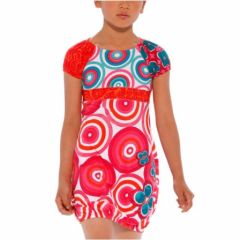 robe boule desigual pour petite fille de 4 ans, 6 ans, 8 ans, 10 ans, 12 ans, 14 ans, manche ballon orangé et bleu cercles moderne tendance pour été.jpg