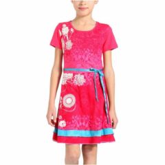 robe boule desigual pour petite fille de 4 ans, 6 ans, 8 ans, 10 ans, 12 ans, 14 ans, manche ballon orangé et bleu cercles moderne tendance pour été.jpg