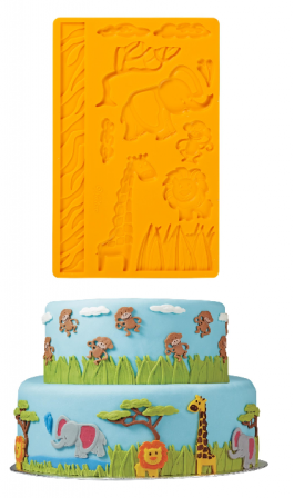 gateau_anniversaire_enfant_savane_moule_wilton_savane_pas_cher_pour_decoration_pate_a_sucre_elephant_girafe_lion_arbre_et_verdure.png
