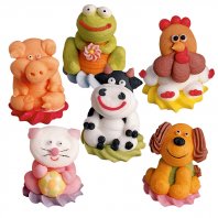 decor gâteau en sucre animaux cochon grenouille poule chien chat décoration sucrée à poser sur gâteau enfant anniversaire