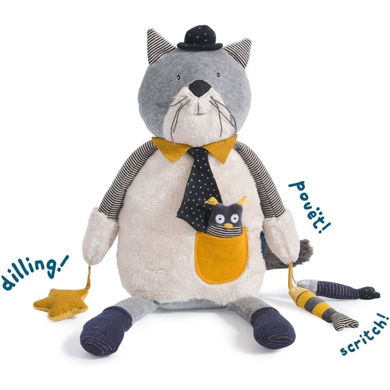 chat en peluche assis avec activités