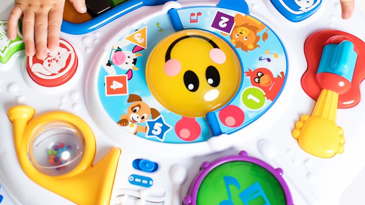 Premier jouet pour bébé : la table d’eveil pour découvrir un livre, le téléphone, un ordinateur et un piano – Bilingue Français/anglais