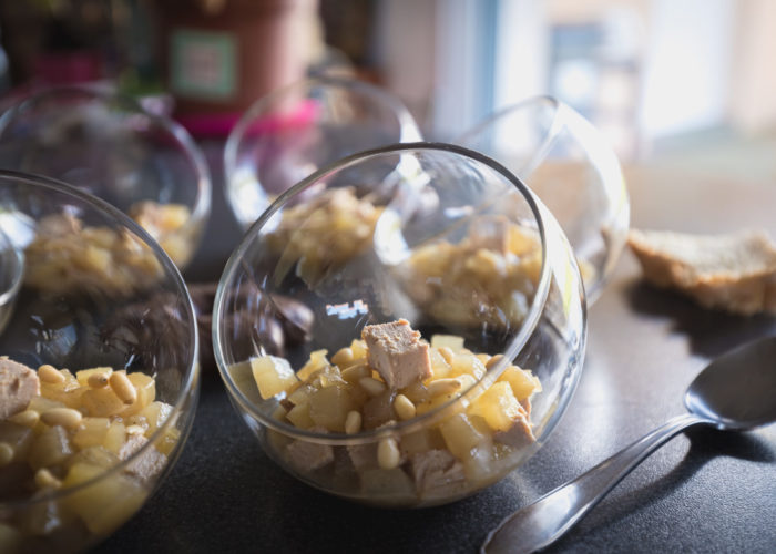 Verrine of pear foie gras and pine nuts