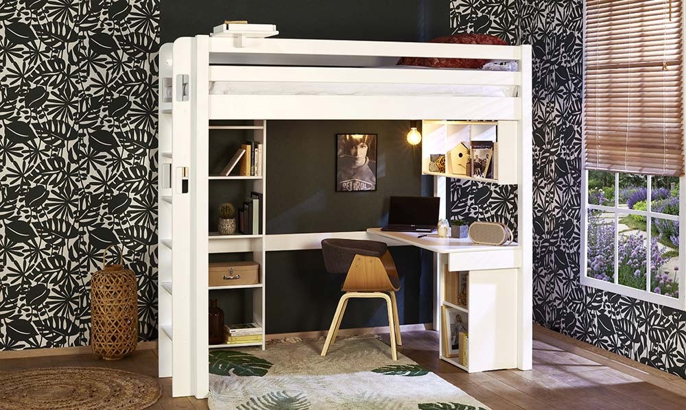 lit mezzanin en bois blanc avec bureau et rangement